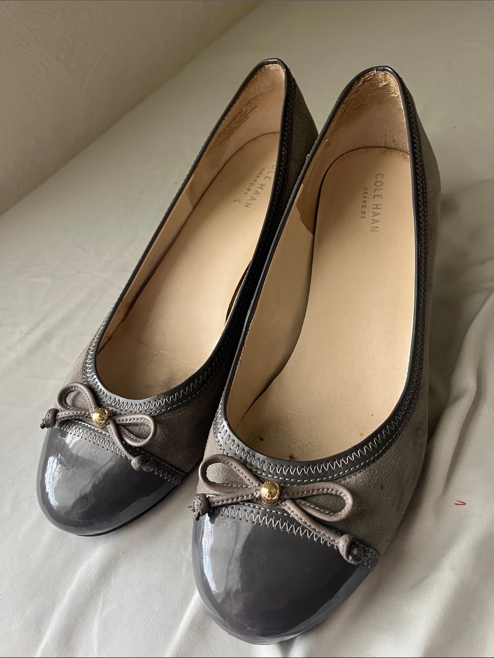 Cole Haan Gray Suede and Patent Leather Ballet Wedge Flats with Bow